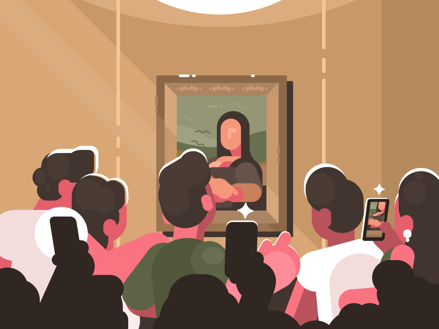 Mona Lisa painting at exhibition in picture gallery. Group of visitors photographing a work of art. Vector illustration