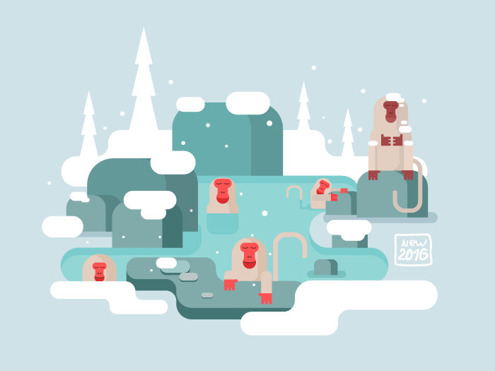 Macaques in warm water winter flat vector illustration