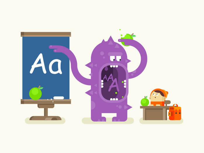 Cartoon monster teaches alphabet flat vector illustration