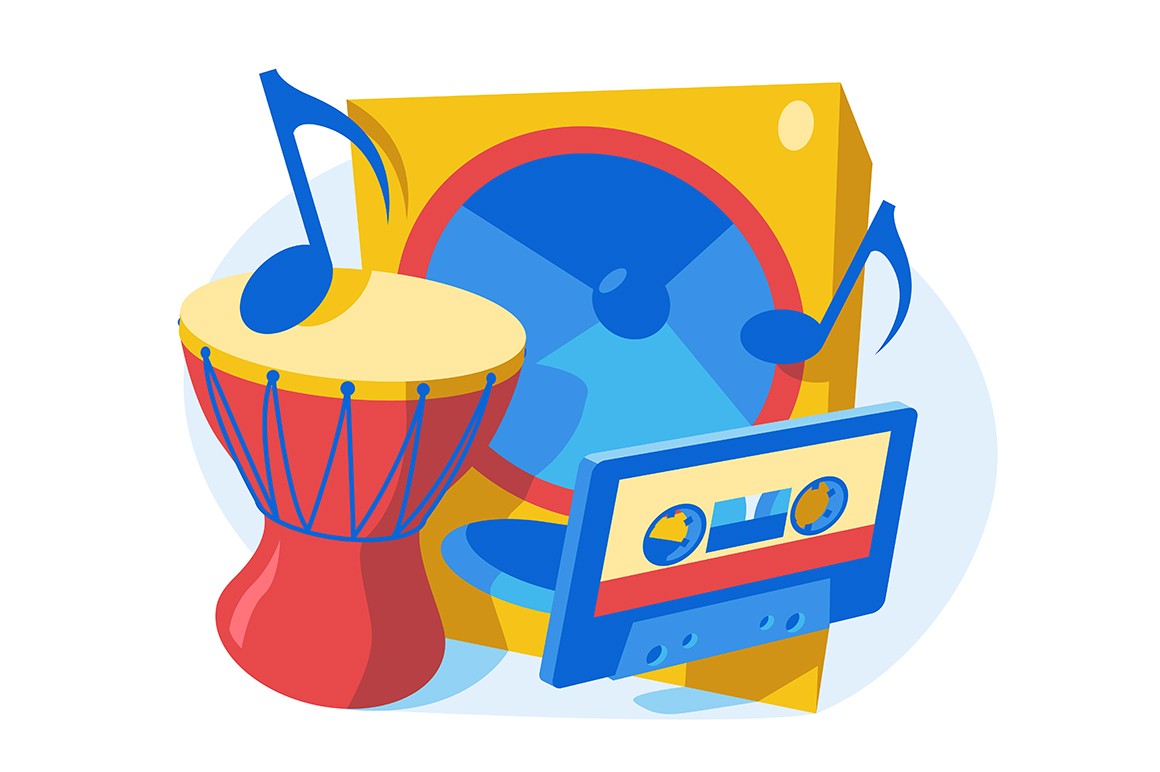 Musical instruments and device vector illustration. Drum, music column, cassette and notes flat style concept. Music concept. Isolated on white background