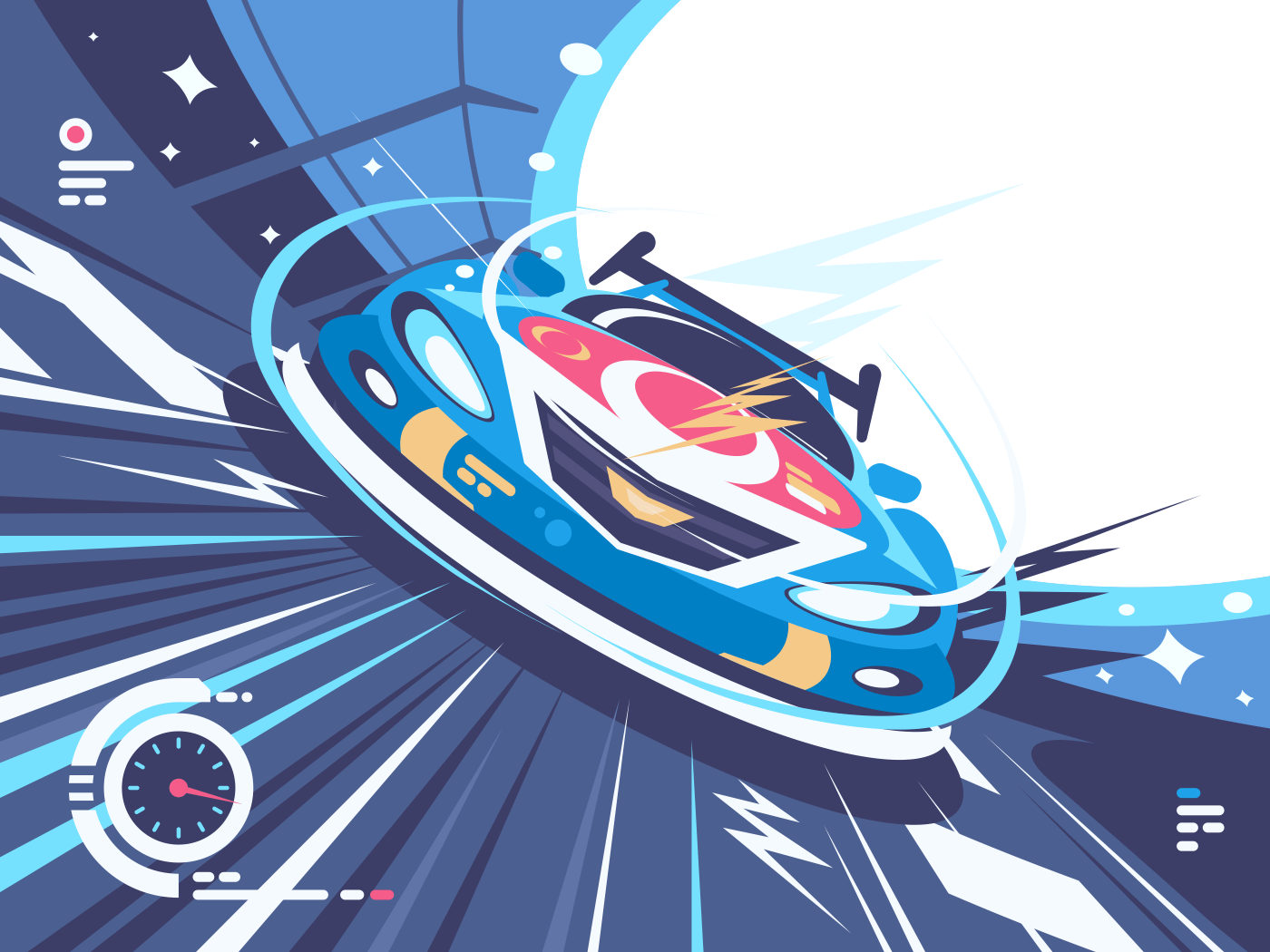 Power racing car on speed track. Car competitions, vector illustration