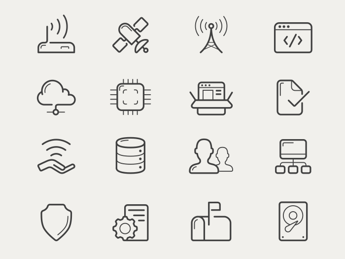 Network and servers icon set in line/stroke style.
