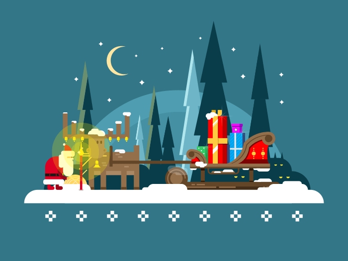 Christmas sleigh. Holiday xmas, winter and santa, gift and reindeer, flat vector illustration