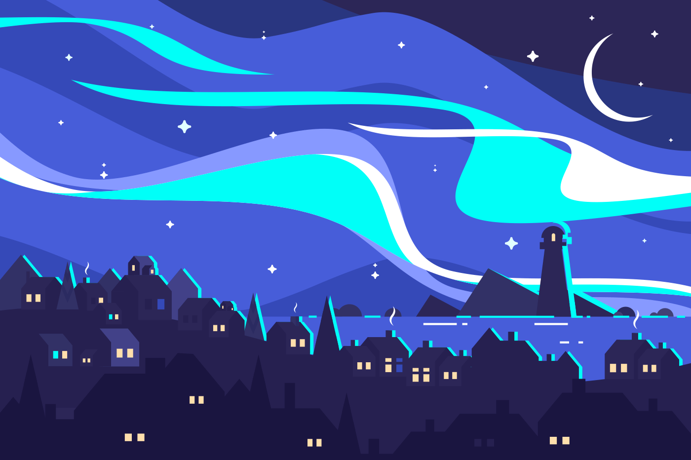 Landscape of Northern Lights. Night port city with beacon. Vector illustration