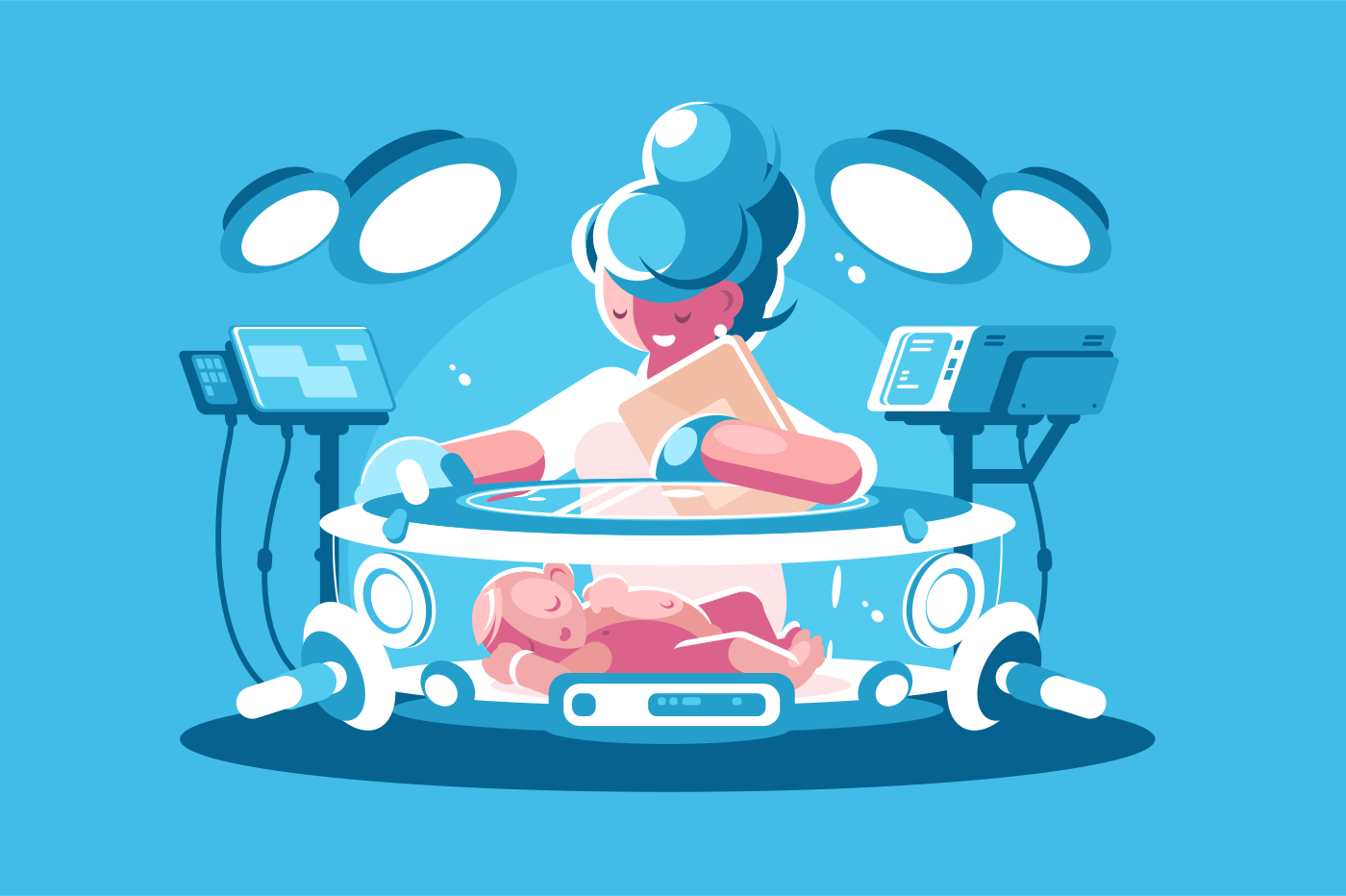 Nurse child incubator with baby. Concept medicine help, protect people, future technology. Vector illustration.