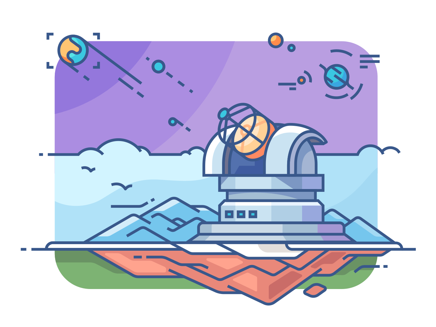 Observatory with telescope for exploring planets and searching for extraterrestrial civilizations. Vector illustration