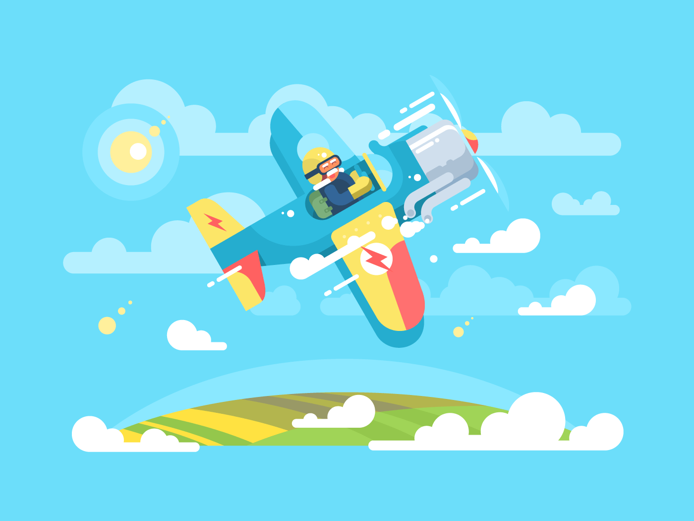 Pilot flying on airplane flat vector illustration