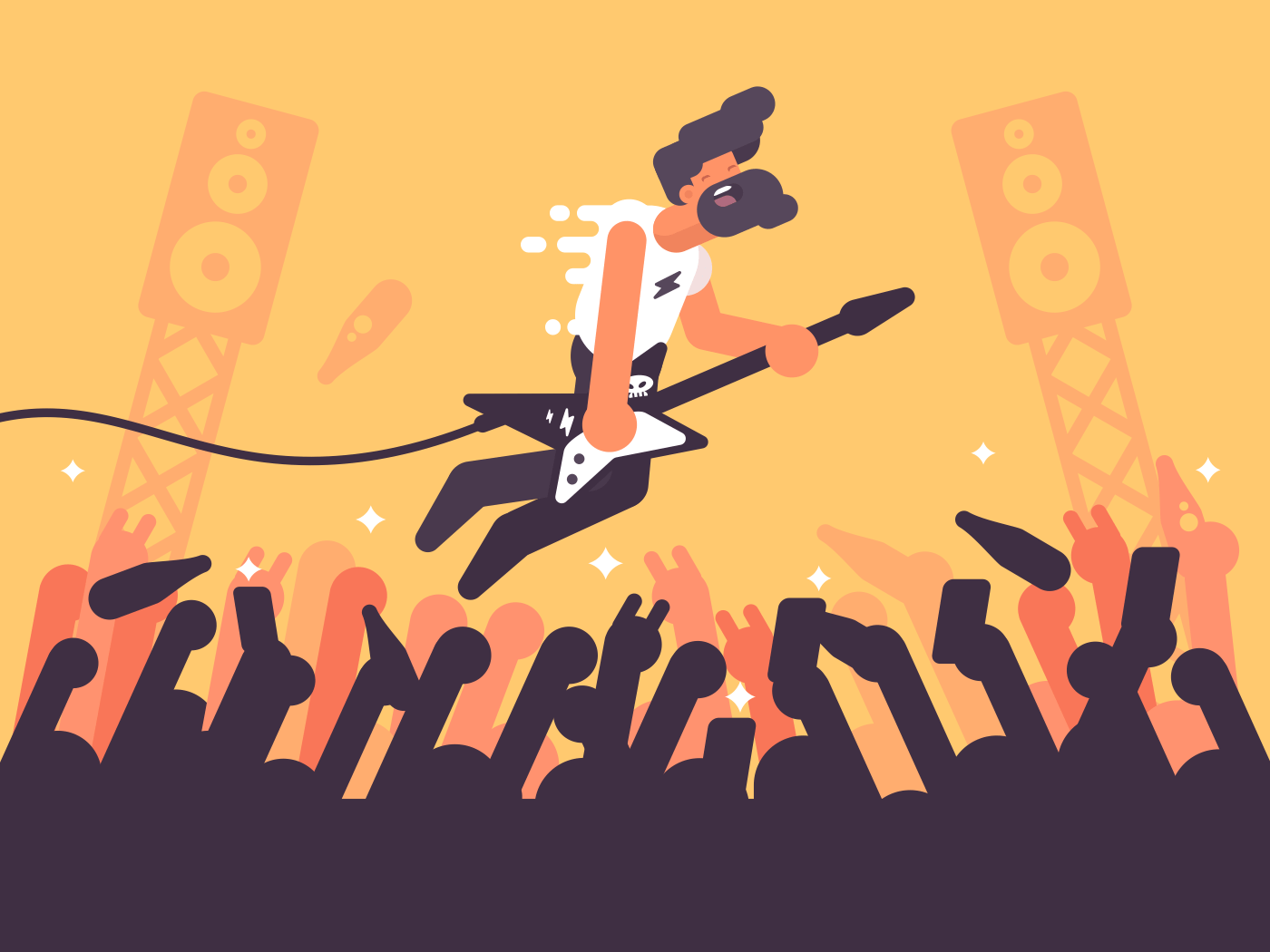 Rock guitarist plays at concert. Music performer on stage. Vector illustration