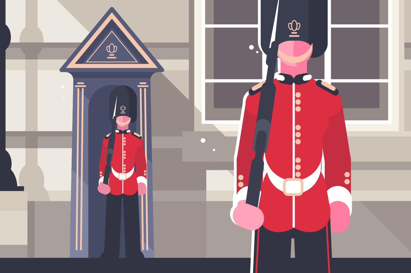 British royal guardsman queens soldier character concept. Guardian of Buckingham Palace. Welcome to London. Flat. Vector illustration.