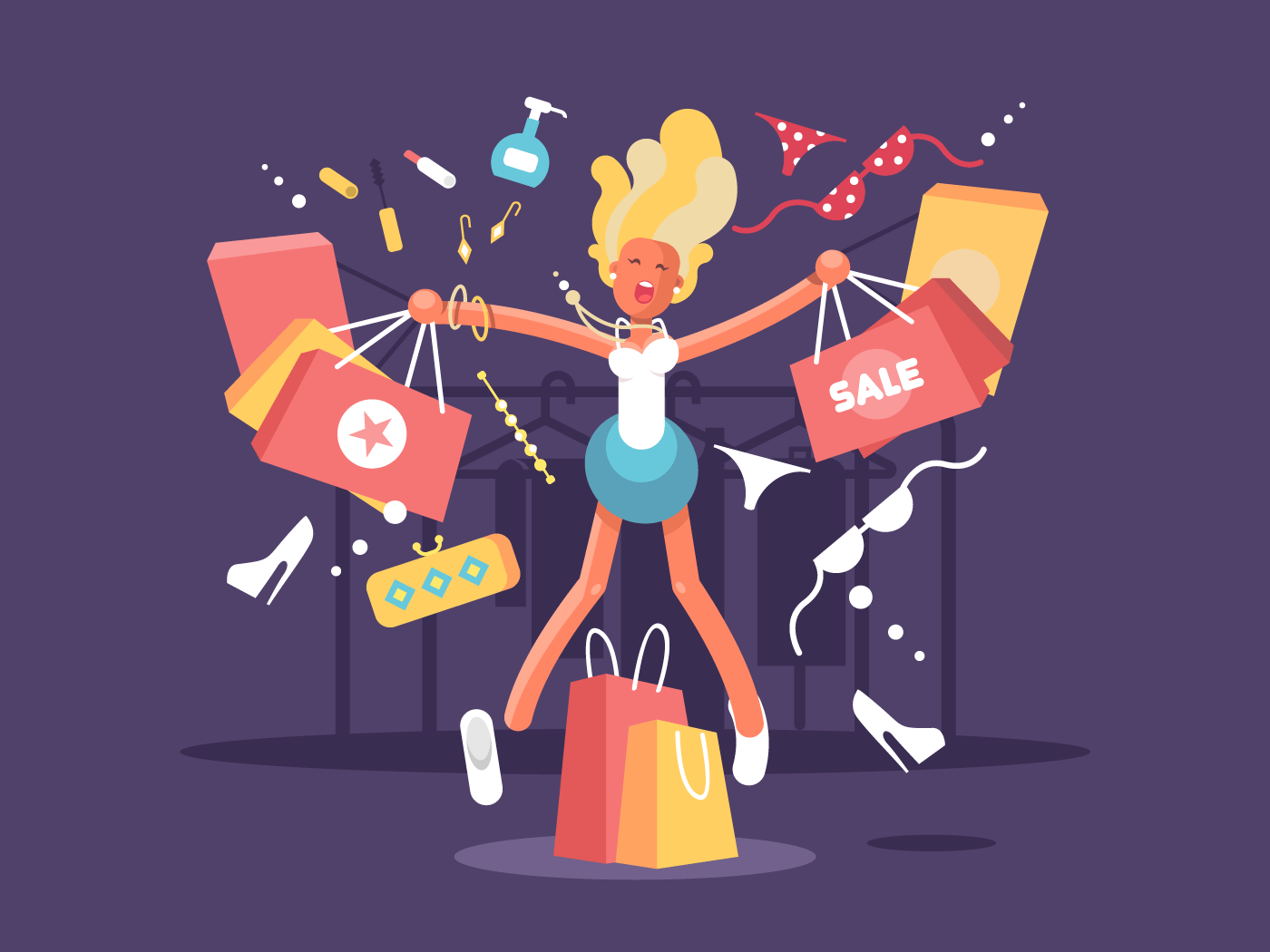 Young blonde goes shopping flat vector illustration