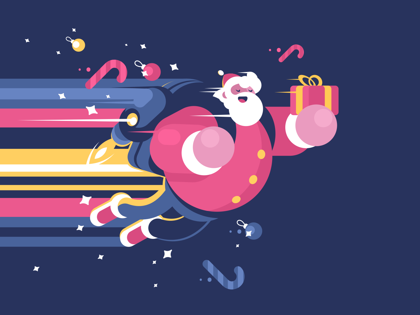 Santa Claus with bag of gifts flying on holiday. Vector illustration
