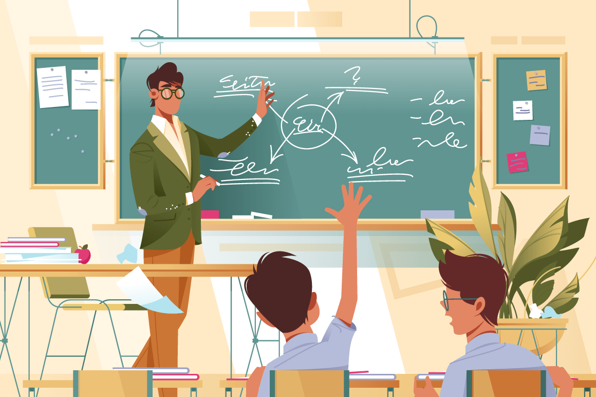 Flat young man teacher with glasses at work with schoolboys in school lesson.
