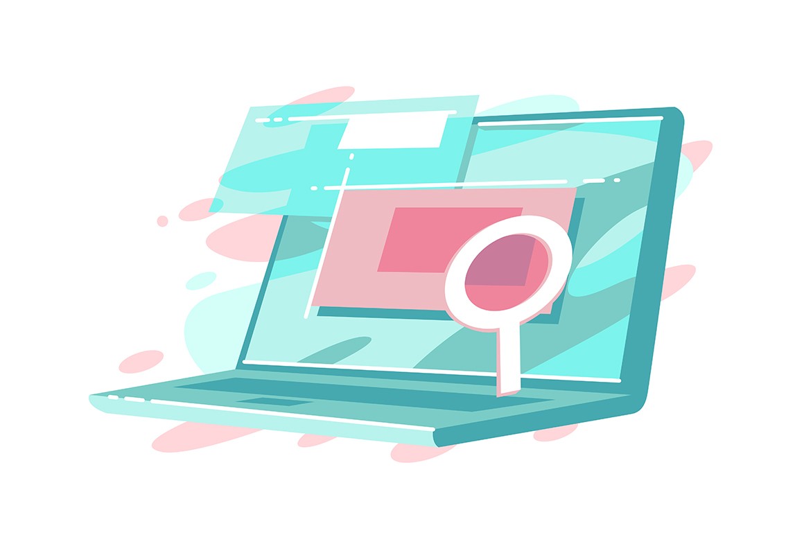 Online searching on website vector illustration. Open search application with magnifier on screen of laptop flat style design. Internet search system concept