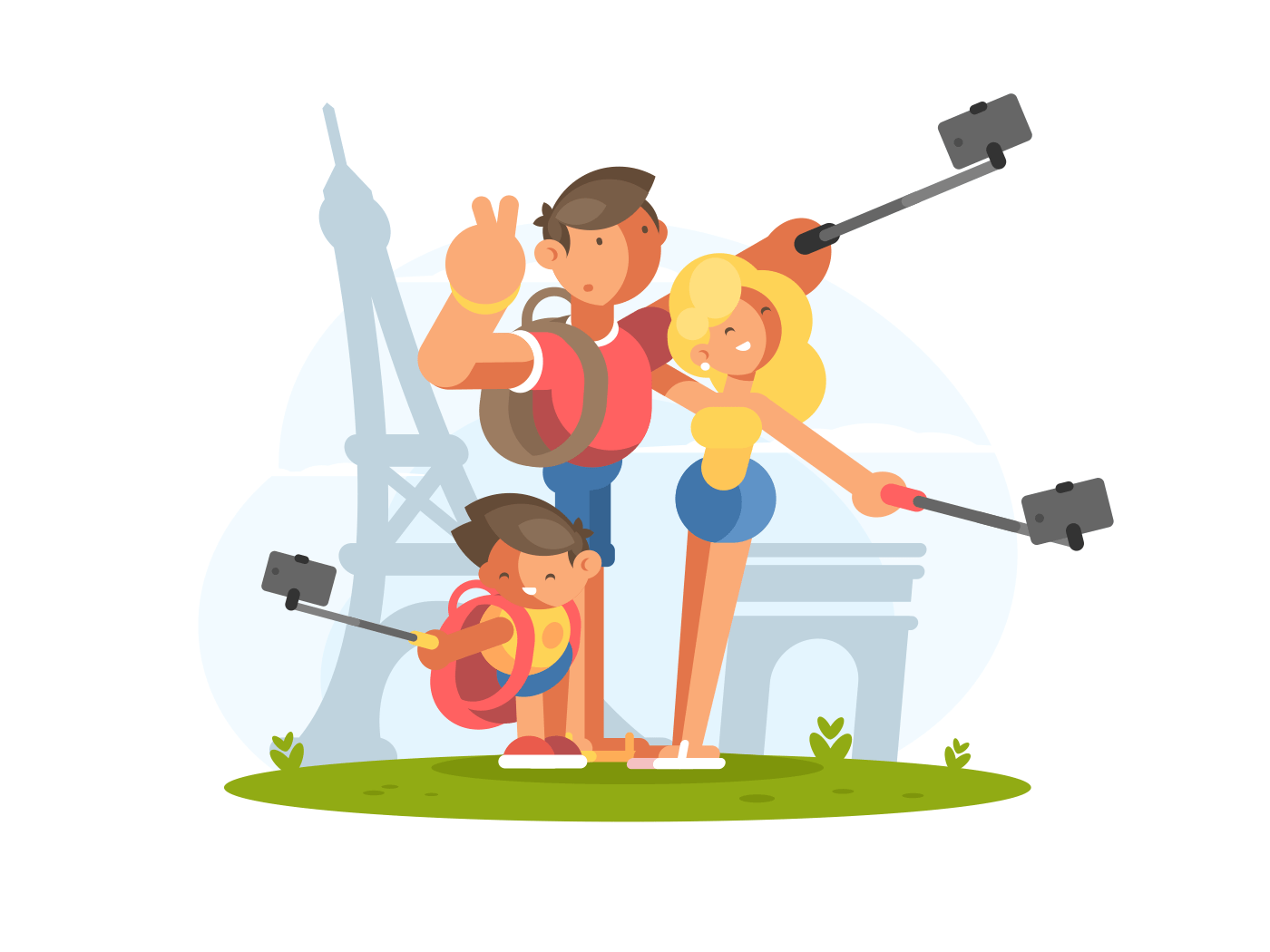Family dad mom and son doing selfie on vacation. Vector illustration