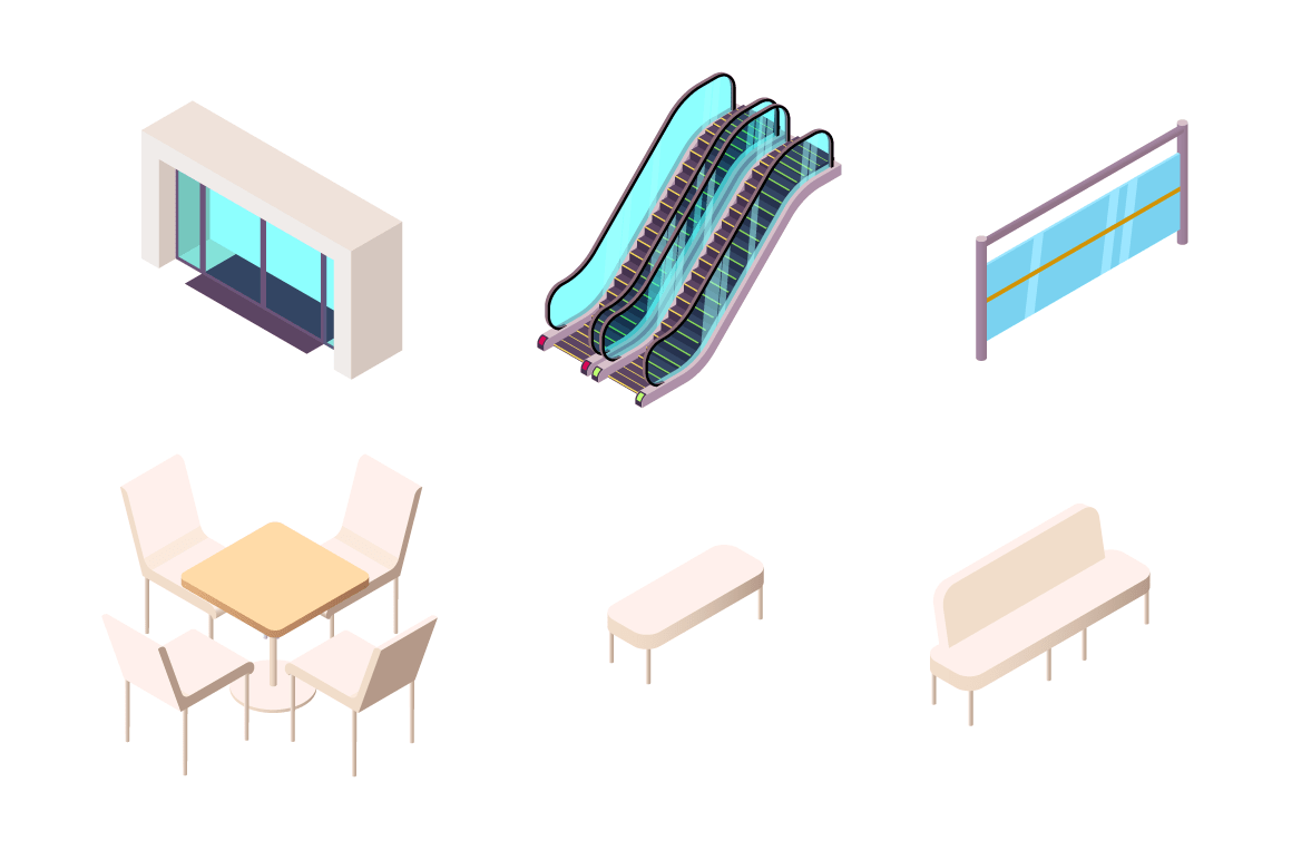 Isometric 3d collection isolated urban element of shopping center entry.