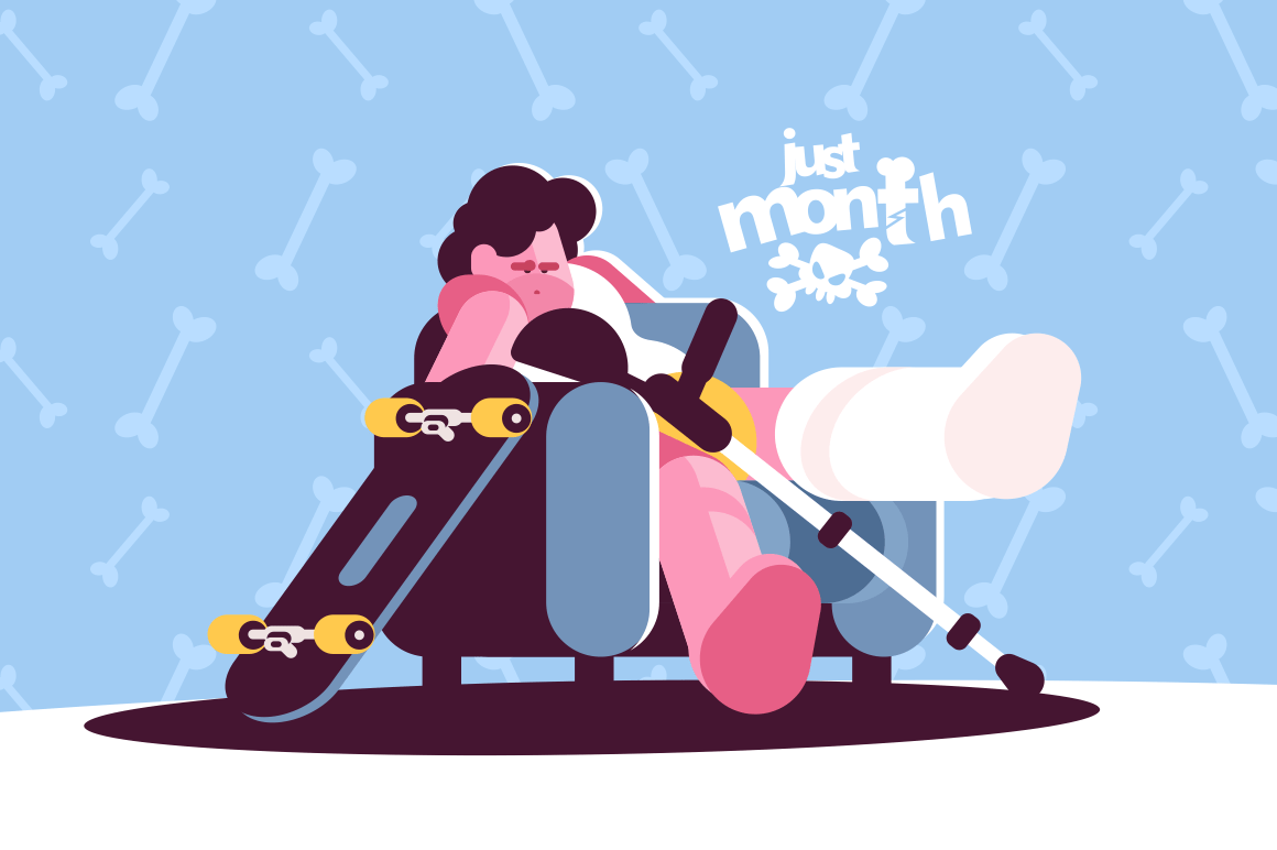 Teenage boy skater broken leg vector illustration. Sad young man sitting on arm-chair with skate crutches and gypsum flat style concept. Lettering just month