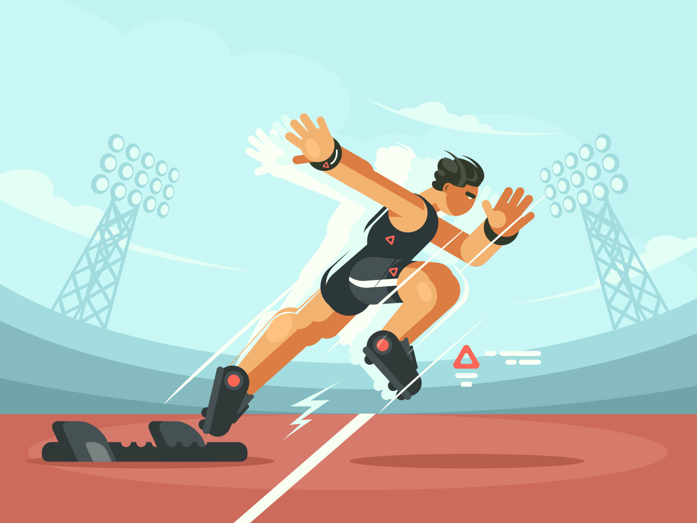 Athlete sprint start from pads to compete run. Vector illustration