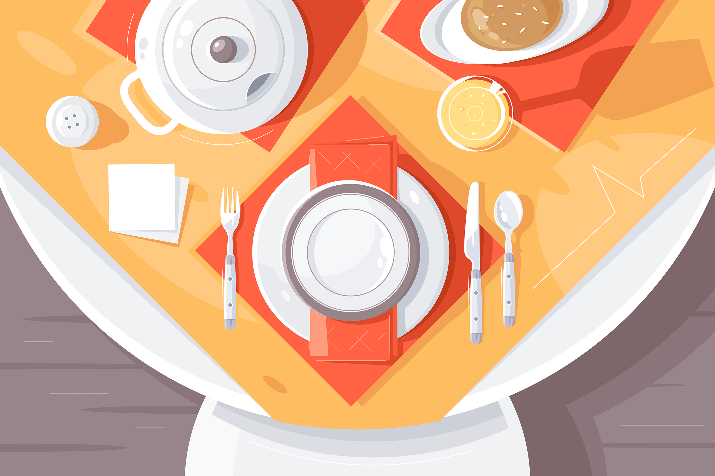 Flat table setting with plate, food, cutlery, teapot and tablecloth.