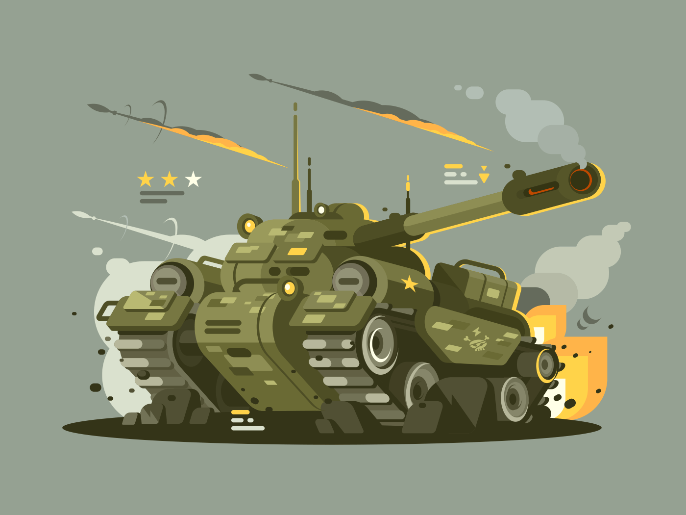 Military combat tank in fire with full of weapons. Vector flat illustration