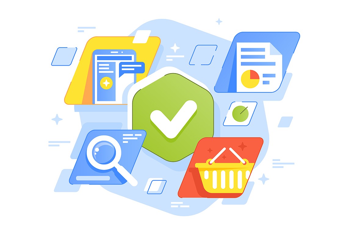 Success business tasks icon of smartphone, document, searching and shopping.