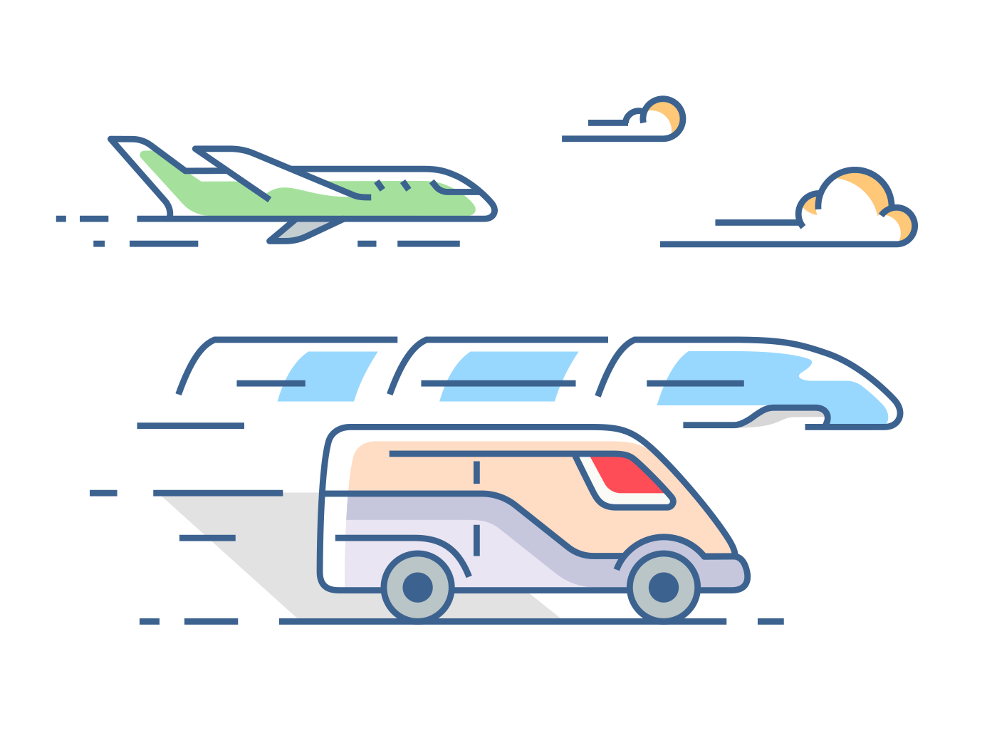 Air, road and rail transport illustration