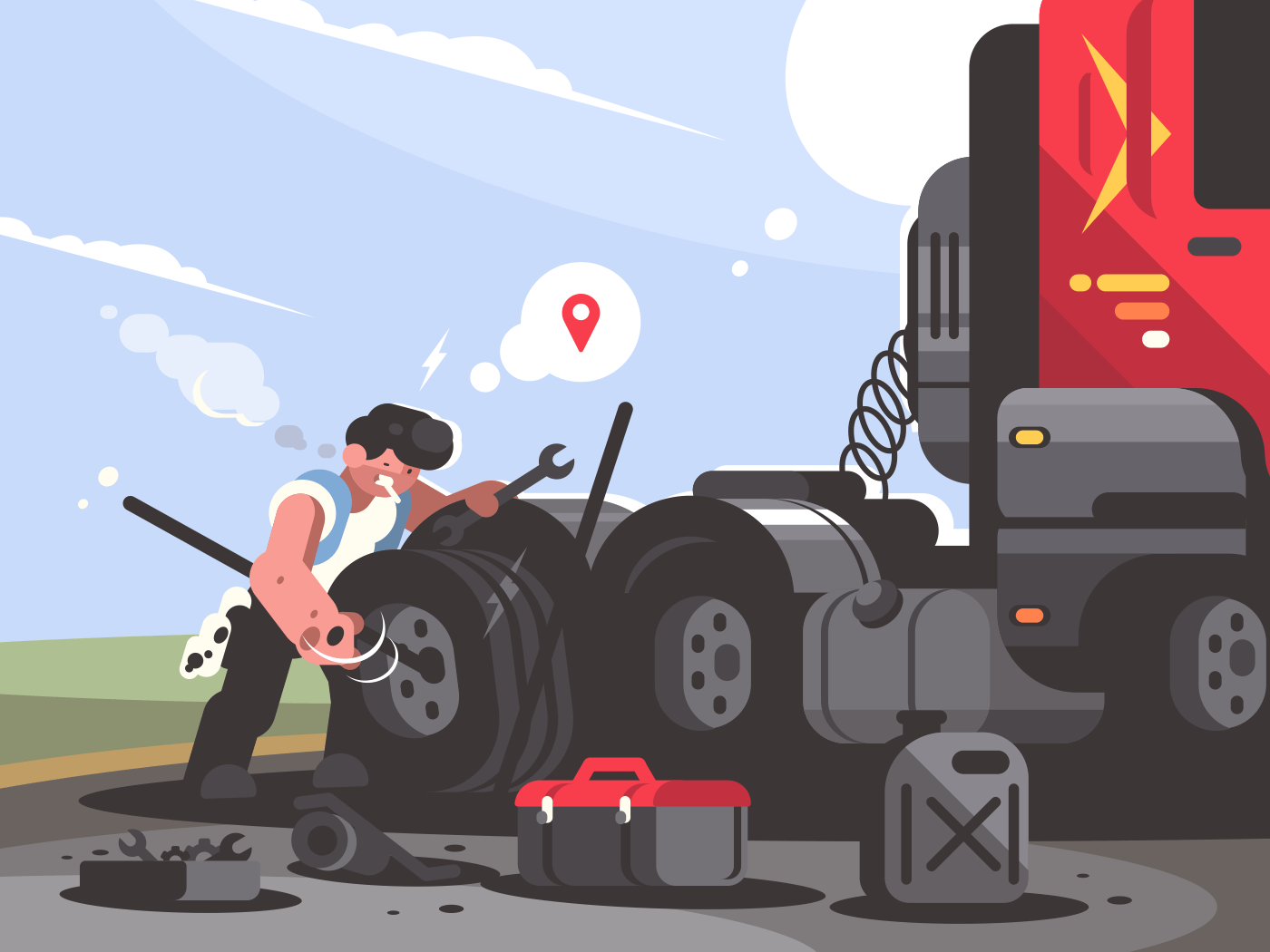 Truck driver is repairing car. Trucker lorry changes wheel. Vector illustration