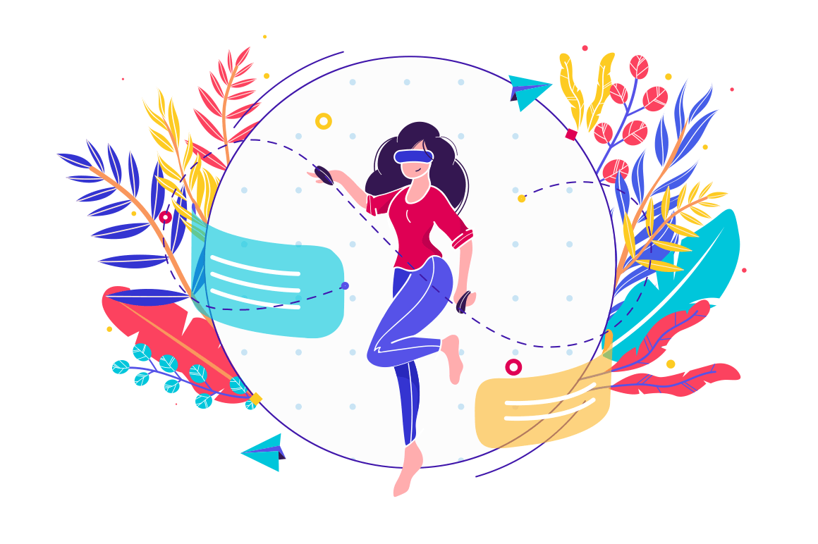Flat young smiling woman creates vr design.