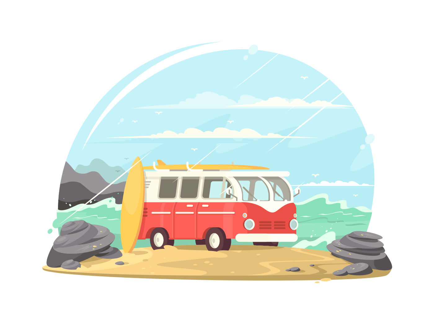 Surfing van with boards illustration