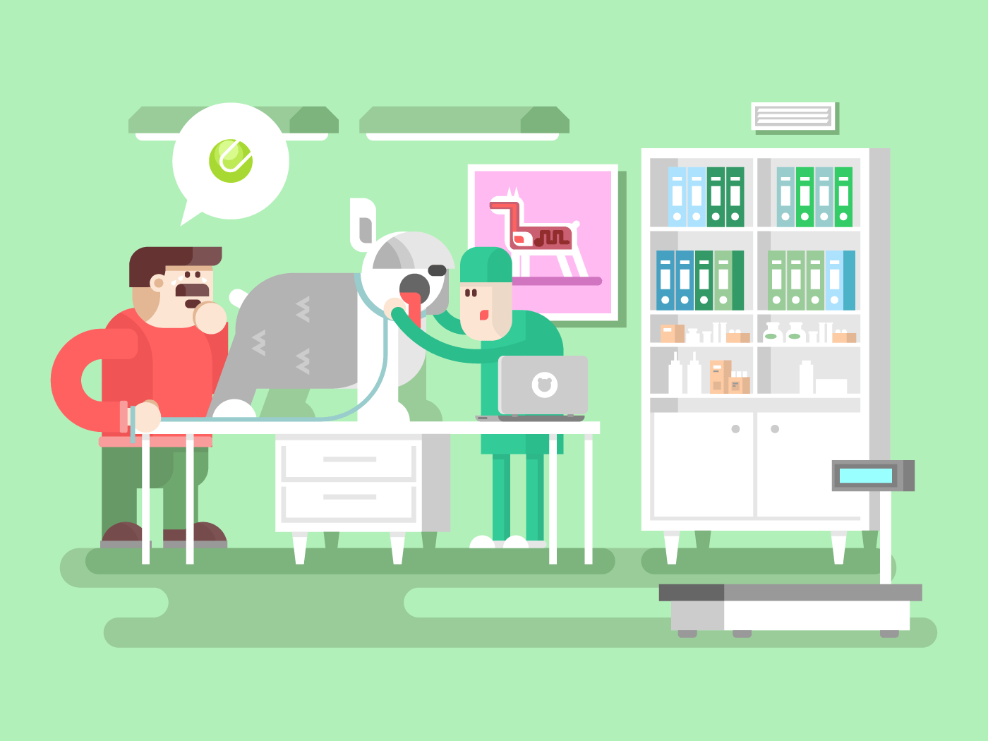 Veterinary clinic visitor and doctor flat vector illustration