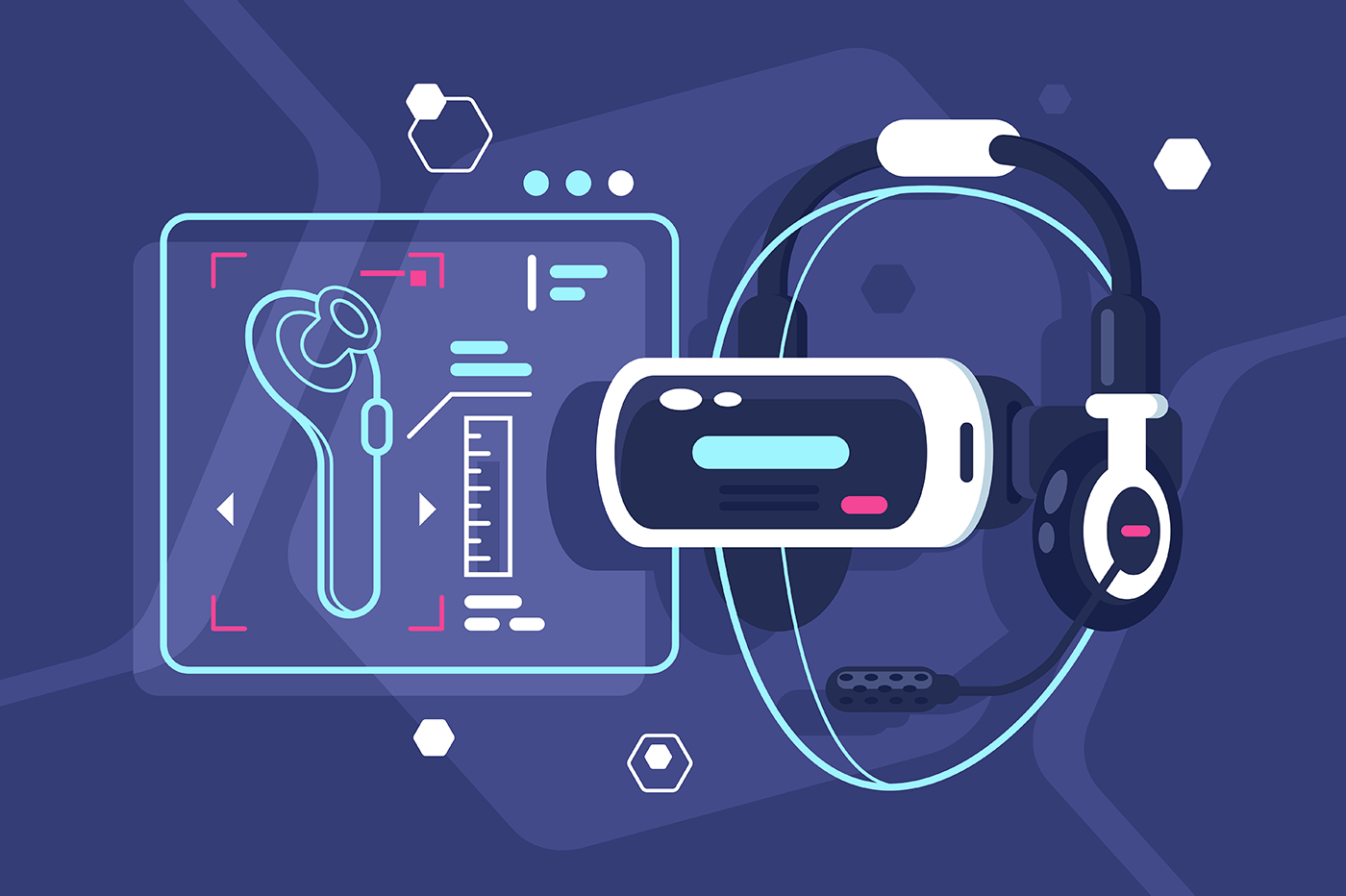 Virtual reality helmet with controller, headphones and microphone.