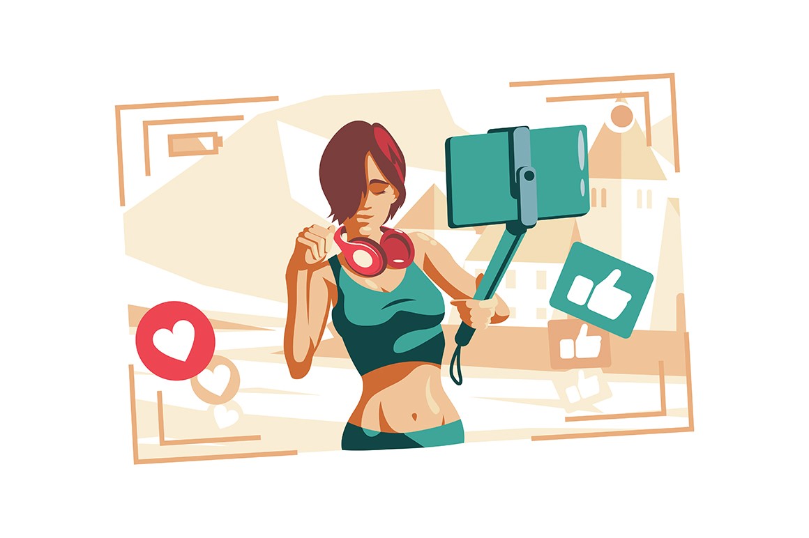 Woman fashion vlogger vector illustration. Stylish girl holding smartphone on selfie stick and shooting video for blog flat style design. Like and thumbup icons. Isolated on white