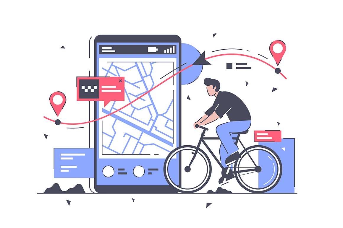 Flat man with bicycle and way on mobile phone map.