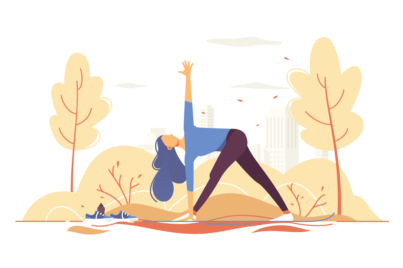 Young girl doing yoga in a park on city background.