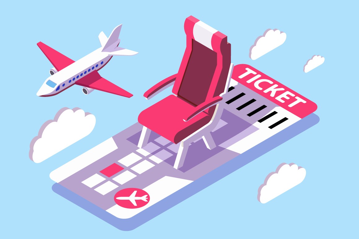 3d isometric ticket for air flight in sky.