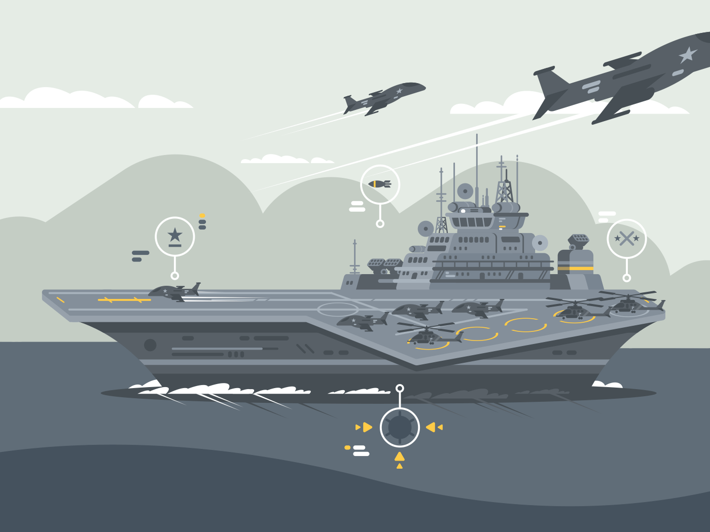 Military aircraft carrier. Huge warship with airplanes and helicopters. Vector illustration