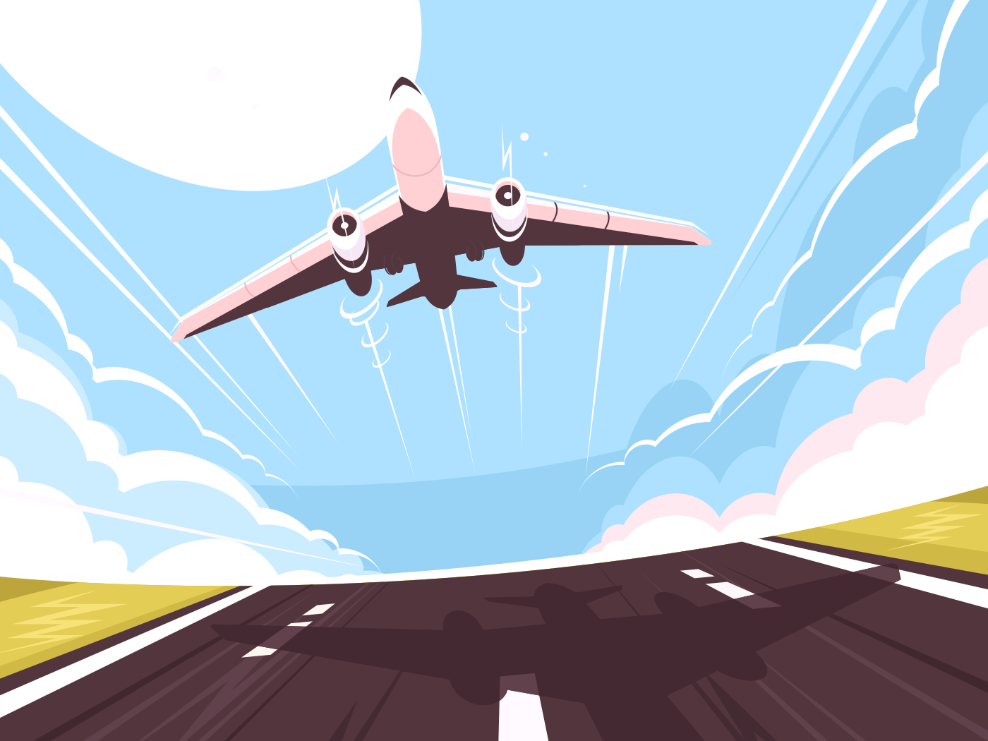 Passenger plane takes off from runway. Air transport, vector illustration