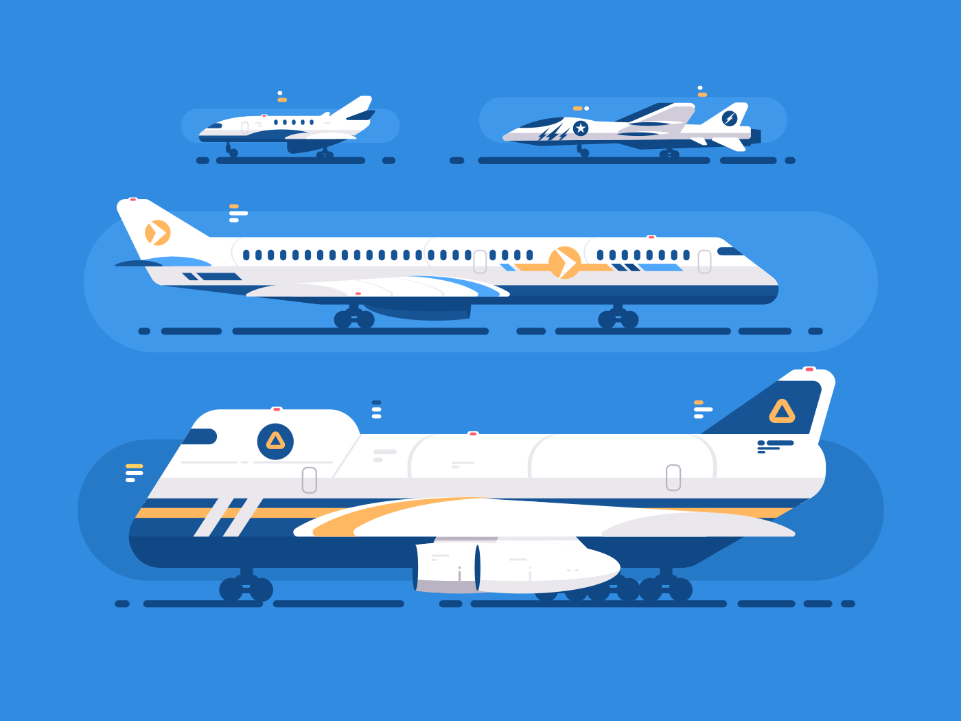 Aircraft types set. Passenger airliner, cargo and military aircraft. Vector illustration