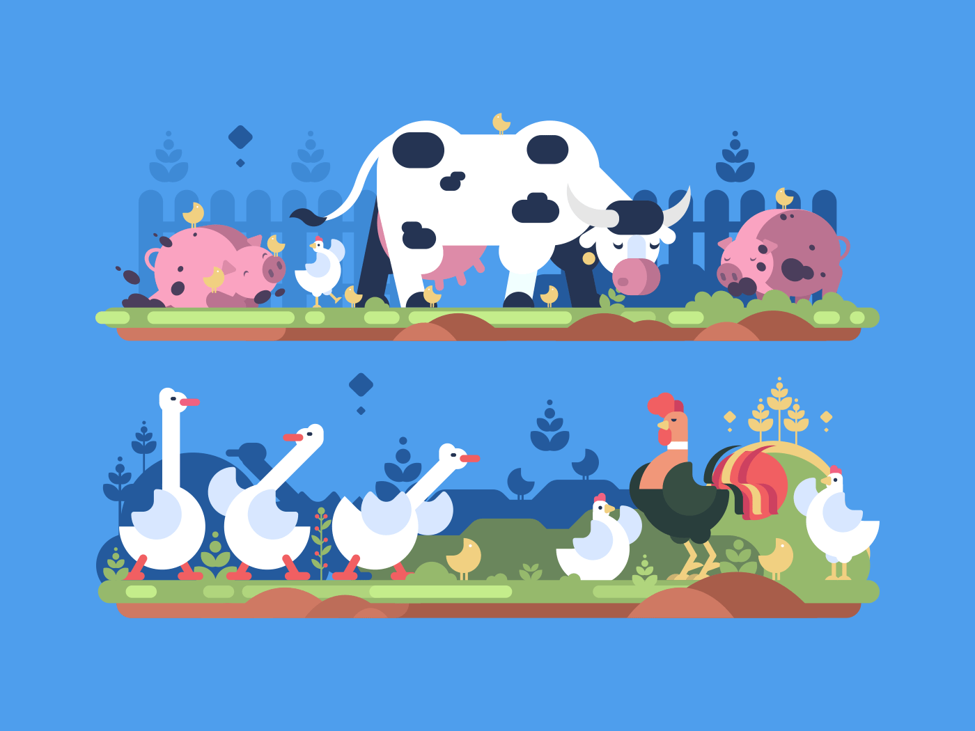 Animals on farm. Cow and pig, goose and chicken. Vector illustration