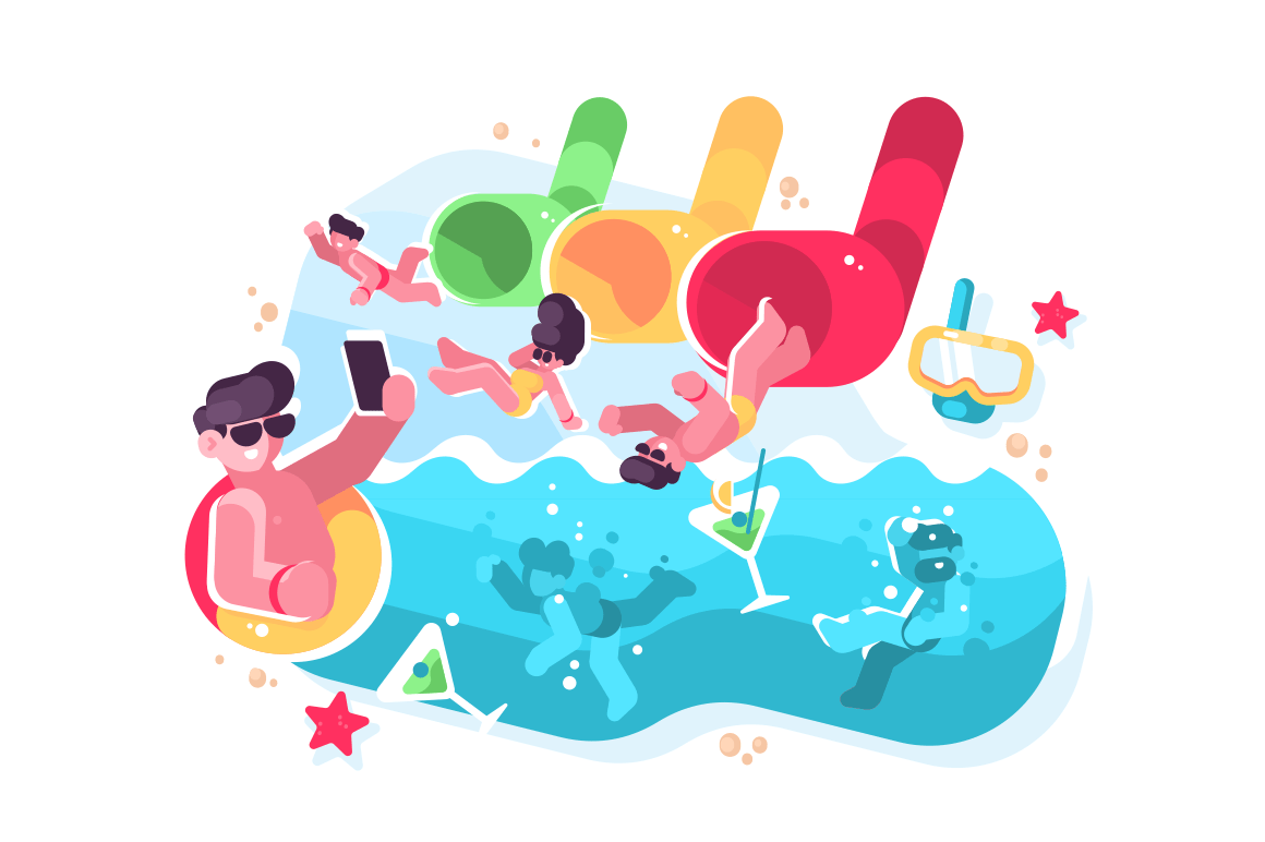 People having fun on water slides tubes at aquapark. Men and women riding down drinking cocktails and making selfie at waterpark flat vector illustration. Summer time attractions concept