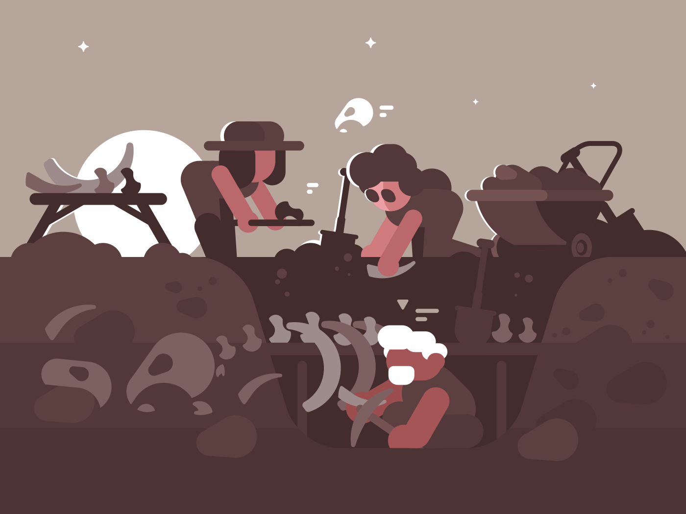 Group of archaeologists on excavations. Men dig out dinosaur bones at night. Vector illustration