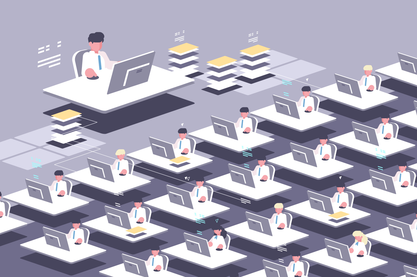 Large group of employees. Office staff for computers. Vector illustration