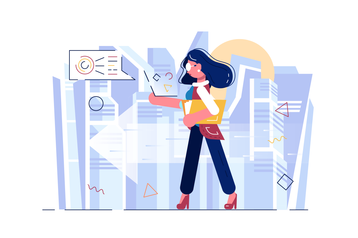 Aspiration of high business race vector illustration. Businesswoman going confidently to success flat style concept. Biz competition metaphor. City landscape on background