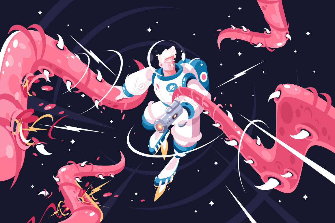Young astronaut vs dangerous alien tentacles. Astronaut with weapon fighting monster at cosmos vector illustration. Stars and black night on background flat style concept