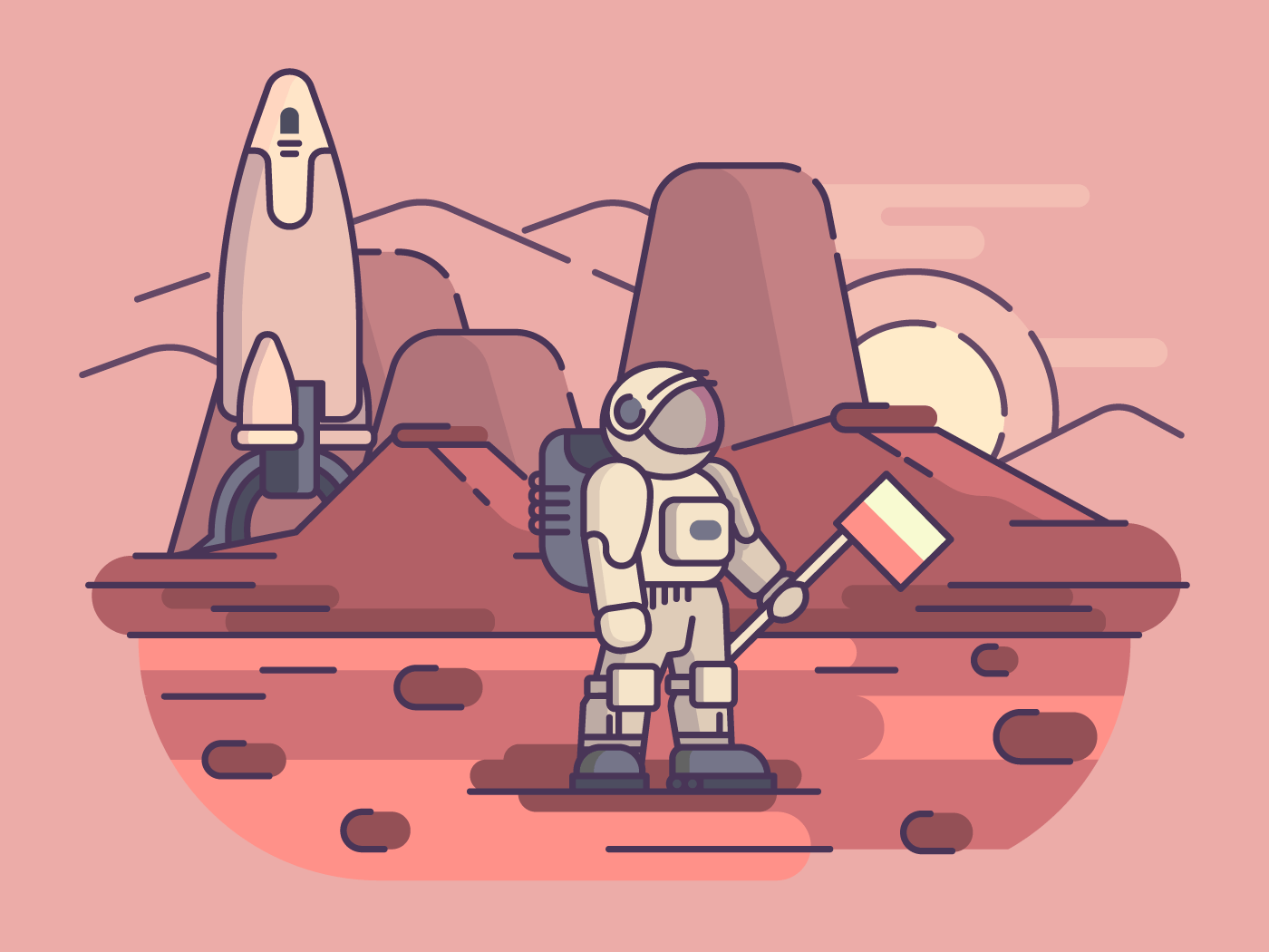 Astronaut stands on surface of planet with flag. Vector illustration