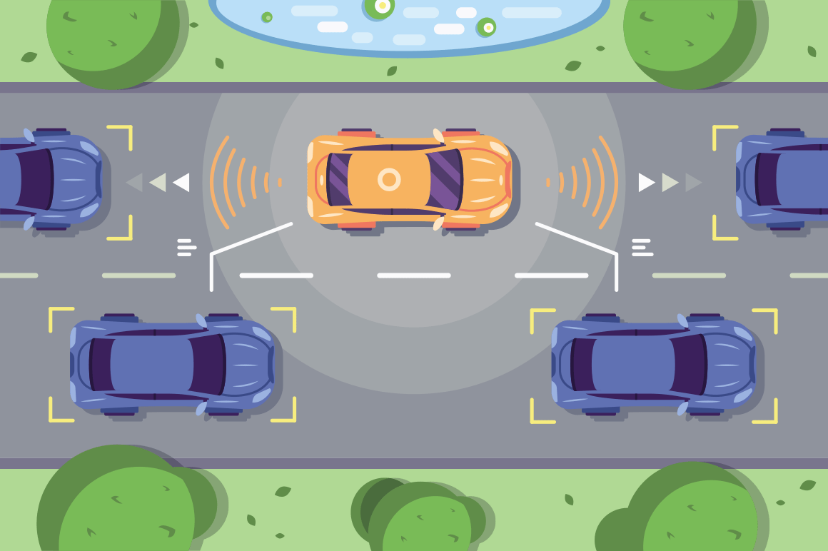 Autonomous car driving on road with sensing systems. Smart vehicle scans way observe distance and parking driverless flat style vector illustration. Future concept