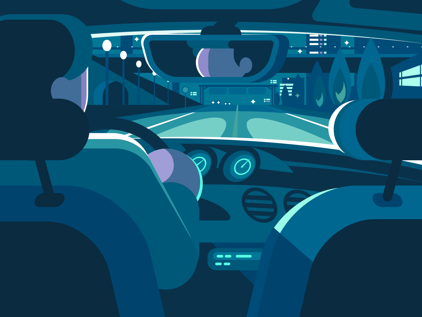 View from back seat of car. Driving on road in taxi. Vector illustration