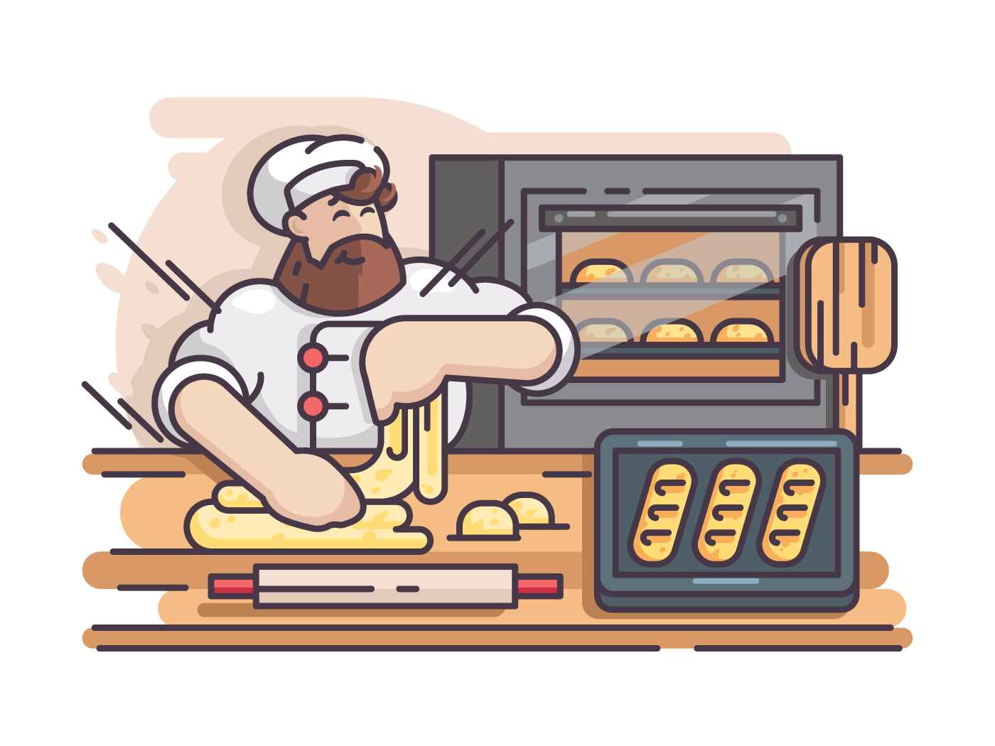 Baker kneads and cooking dough. Cook prepares pastries in kitchen. Vector illustration