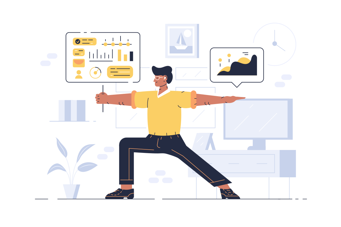 Worker showing balance in work vector illustration. Man in office demonstrating symbol of stability flat style concept. Guy standing at workplace in equilibrium pose