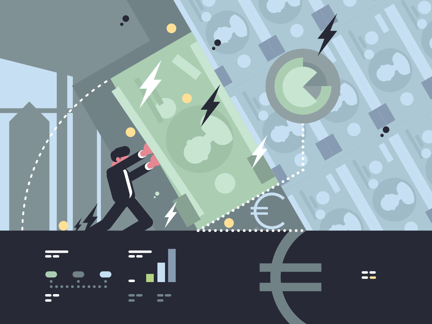 Collapse and fall of bank. Banker tries save bank from bankruptcy. Vector illustration