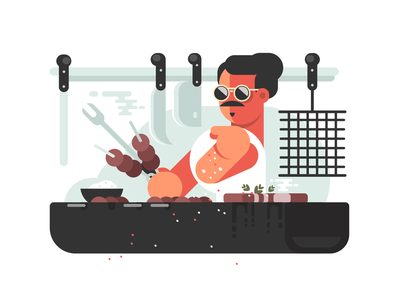 Man cooking barbecue on grill. Cook prepares meat. Vector illustration
